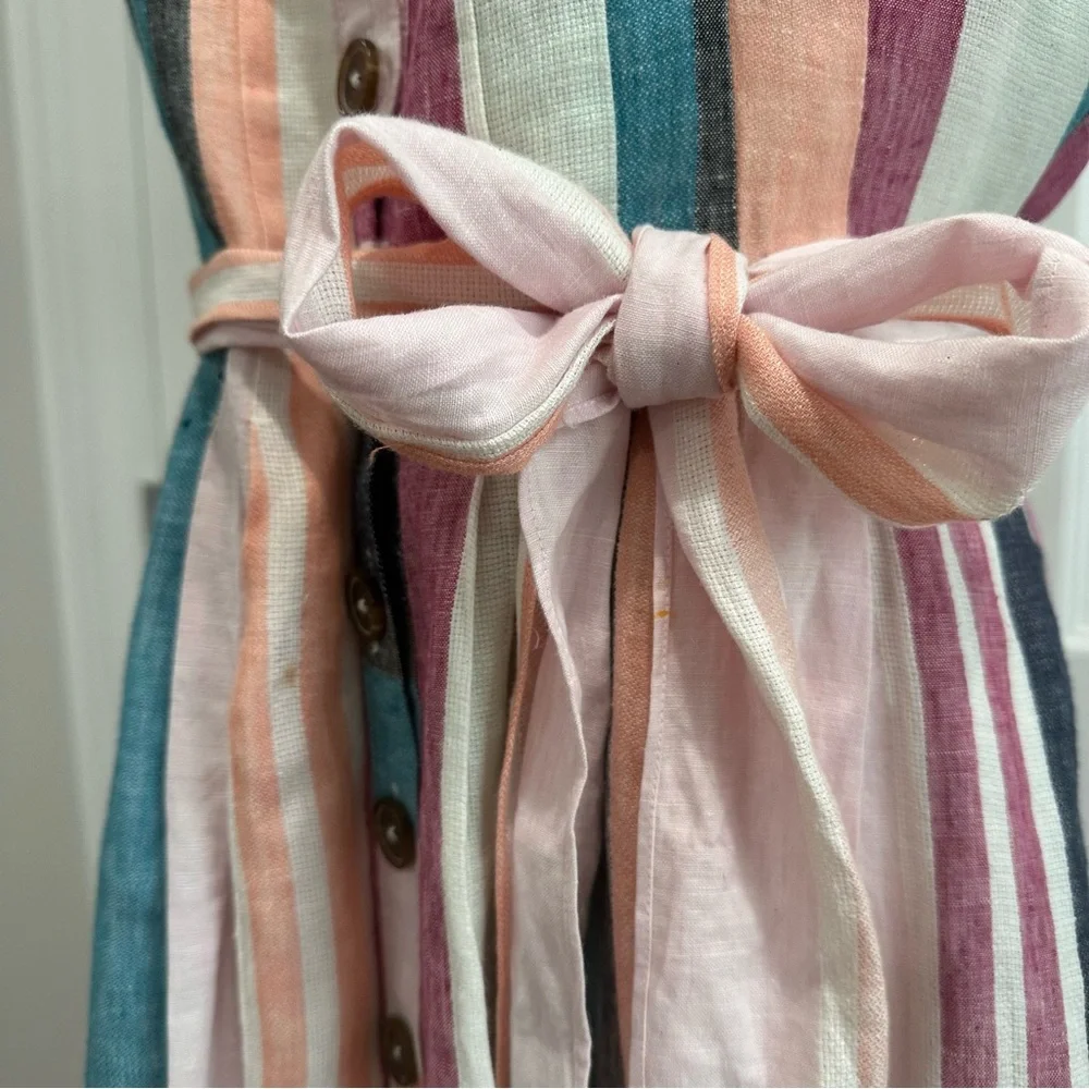 J. Crew LINEN Stripped Light Textured Spaghetti Strap, Button down Midi Size 10 - Picture 2 of 15